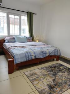 塔科拉迪Beach Road Oasis的一间卧室配有一张带窗户和地毯的床
