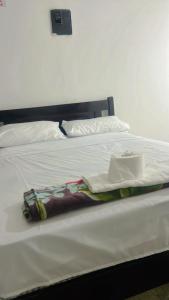 萨利纳斯Bougainville salinas beach的一张带白色床单和毛巾的床