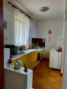 阿拉德Cabana Oana 5-bedrooms chalet的厨房配有黄色橱柜和微波炉
