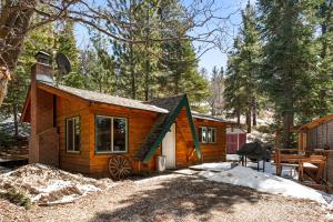 方斯金Owl Cabin - Sierra style cabin located on a quiet road in Fawnskin and backs up to National Forest!的森林中的小屋,地面上积雪