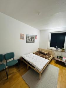 哥德堡Cozy room in a shared apartment close to nature的卧室配有床、椅子和窗户。