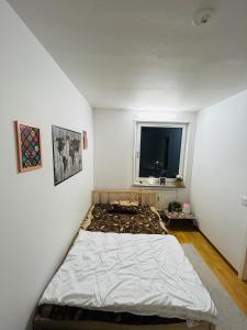 哥德堡Cozy room in a shared apartment close to nature的窗户客房内的一张床位