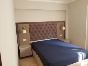 克里皮吉Kriopigi Apartments的一间卧室配有一张蓝色的床和软垫床头板