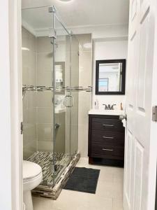 迈阿密Cozy and sweet home的带淋浴、卫生间和盥洗盆的浴室