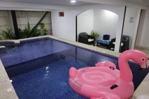 Hone CreekBlue Dreams Hotel的游泳池里的粉红色充气粉天鹅