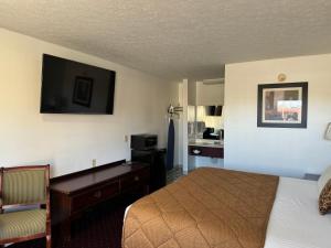 AlbanyRoyal Inn的酒店客房配有一张床、一张书桌和一台电视。