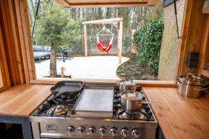 诺德克豪特Kahakai Beach House - Unique Outdoor Kitchen - next to local lake and 15 min. the from beach的厨房配有炉灶,享有庭院的景致