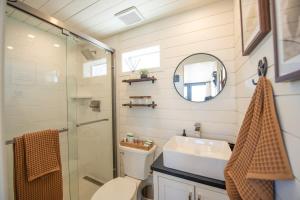阿尔派恩New The Buffalo-Shipping Container in Alpine的一间带卫生间、水槽和镜子的浴室
