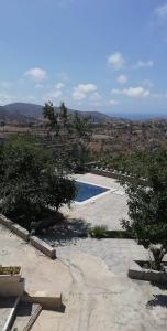 GhazaouetVilla de campagne dans les hauteurs, vue panoramique sur mer的树木繁茂的庭院中的一个游泳池