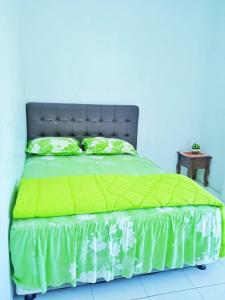 HOTEL ANANDA的一张带绿色棉被和一张桌子的床