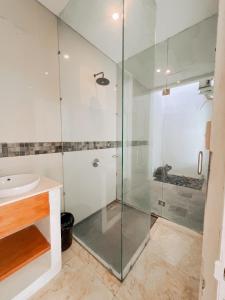 克罗柏坎苹果别墅酒店式公寓的一间带玻璃淋浴和水槽的浴室