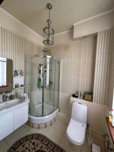 奇姆肯特Saule Guest House的带淋浴、卫生间和盥洗盆的浴室