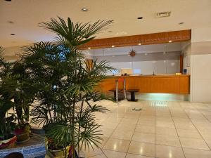 富士河口湖Motosu Phoenix Hotel的大堂设有棕榈树等候室