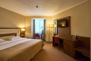皮亚特拉-尼亚姆茨中央广场酒店 的酒店客房配有一张床、一张书桌和一台电视。