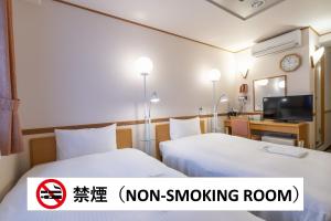 岐阜Hotel Endear Gifu的一间酒店客房,设有两张床和电视