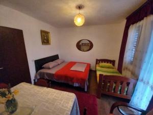 威尔帕扎Etno House Mira的一间卧室配有两张床、一张桌子和一面镜子