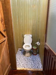 峰牙Hahaland的木制摊位内带卫生间的浴室