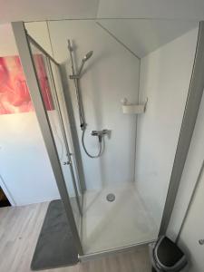DörflesFerienwohnung Anni的浴室里设有玻璃门淋浴