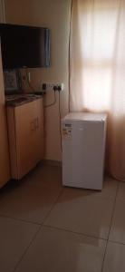 勒迪格Tsoga Odire BNB的一间配有电视的房间里,有一个白色的小冰箱