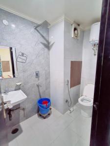 新德里hotel the paradise inn的带淋浴、卫生间和盥洗盆的浴室