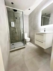 纽卡斯尔Seafront Apartment的带淋浴、卫生间和盥洗盆的浴室
