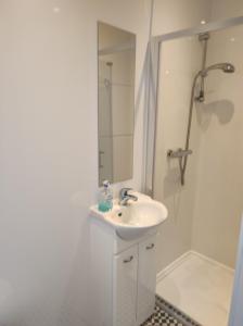 班多伦4 Bayview terrace的白色的浴室设有水槽和淋浴。