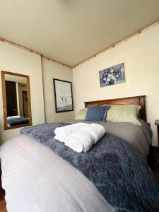 拉巴斯Departamento acogedor en la mejor zona de La Paz的一间卧室配有一张大床和镜子