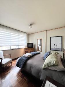 拉巴斯Departamento acogedor en la mejor zona de La Paz的一间卧室设有一张大床和一个窗户。