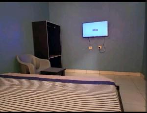 拉各斯Hibis k hotel (green gate)的一间卧室配有一张床和一台平面电视