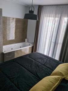 圣拉斐尔Finca La Escondida San Rafael的一间卧室设有一张床和一个带浴缸的窗户。