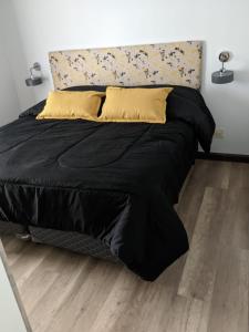 圣拉斐尔Finca La Escondida San Rafael的一张带黑色棉被和黄色枕头的床