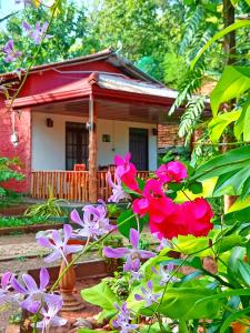 达瓦拉维Elephants Safari Cottages的前面有粉红色花的小房子