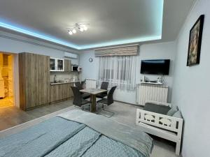 毛科Gita Apartman的一间卧室配有一张床、一张桌子和一台电视。