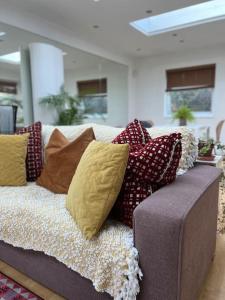 伦敦Sunny London Garden Apartment的客厅配有带枕头的沙发。