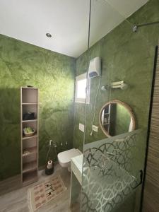 迈来亚Dar El Kahina Djerba的绿色浴室设有卫生间和镜子