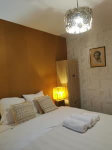 拉·里维耶尔·圣·秀La Maison Olivia的卧室配有一张带灯的白色大床