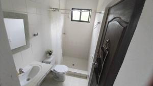 圣玛尔塔Casa San Cayetano的一间带水槽、卫生间和淋浴的浴室