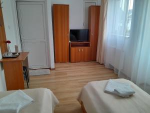 奥托佩尼Old Pensiunea Otopeni的客房设有两张床和一台平面电视。