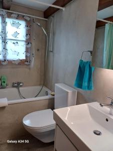 埃梅滕Afrika Zimmer mit Bergblick的浴室配有卫生间、浴缸和水槽。