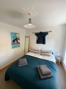 诺里奇St Benedicts Street Flat with Roof Terrace的一间卧室配有一张带蓝色毯子的大床