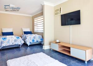 德班Glen Ashley Beach Villas的客厅配有两张床和一台平面电视