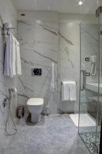 都灵Arsenale Turin Rooms的一间带卫生间和玻璃淋浴间的浴室