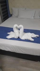 波哥大Plaza Miranda的两条毛巾,形状像天鹅,坐在床上
