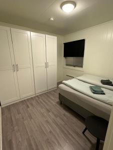 瓦尔德Vardø accommodation - white house的一间卧室配有一张床和一台平面电视