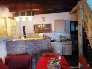 下米拉诺瓦茨Vikendica Dunav i SAVA的一间厨房,在房间内配有红色桌子