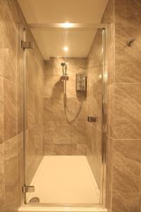 约维尔Streamside Apartments的浴室里设有玻璃门淋浴