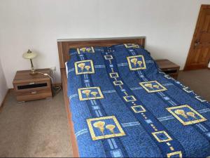 迪勒维尔纳Nida的一张床上的蓝色被子,上面有黄色的方块