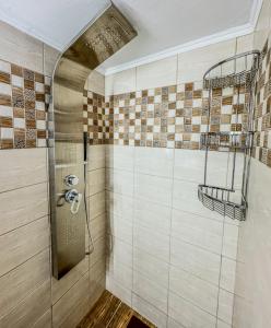 萨拉米斯Alyki Salamina House的浴室的墙壁上设有瓷砖和淋浴。