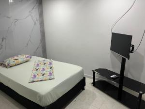 比亚维森西奥Hotel Villa Sofia的一间卧室配有一张床和一张桌子上的电视