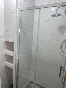 普拉亚madison place的带淋浴的浴室和玻璃门
